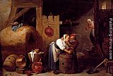 David The Younger Teniers Famous Paintings - An Interior Scene With A Young Woman Scrubbing Pots While An Old Man Makes Advances